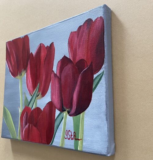 Close up painting of 5 red tulips