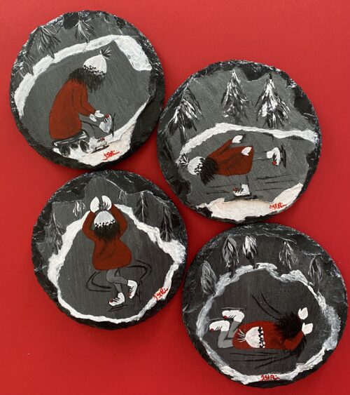 Set of 4 coasters with painting of a girl in a red jacket skating on them.