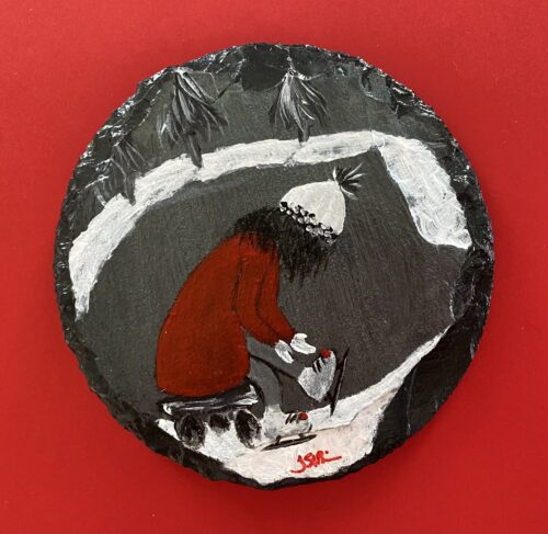 Coaster with a painting of a girl in a red jacket putting on skates on it