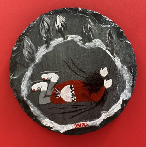 Coaster with a painting of a girl in a red jacket falling while skating on it