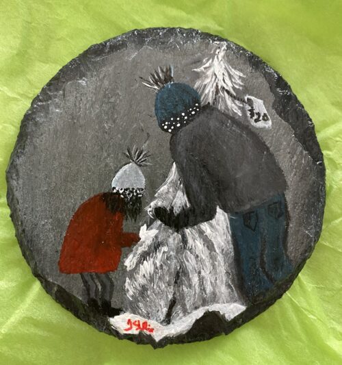 Coaster painted with an image of a girl and her dad buying a Christmas tree.