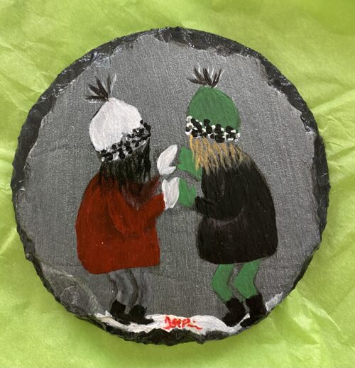 Coaster with a painting of a girl and her sister outside in the snow