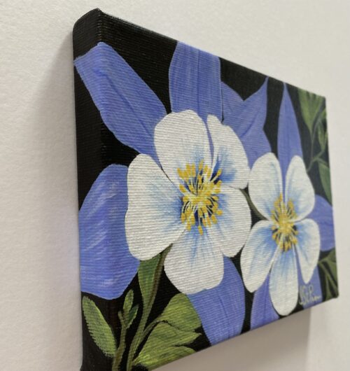 Painting of white and purple columbine flowers