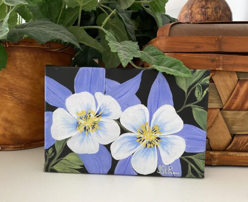 Painting of white and purple columbine flowers