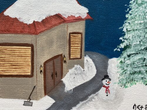 Small painting of a snowy scene with a house and snowman