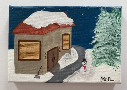 Small painting of a snowy scene with a house and snowman