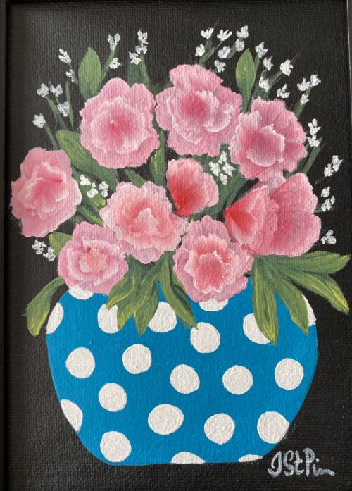 Painting of pink mini carnations in a blue and white polka dot pot