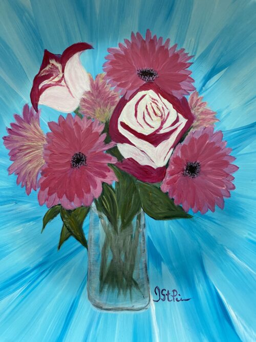 Photo of a Turquoise plate hand painted with Pink Roses and Gerbera Daisies in a glass vase