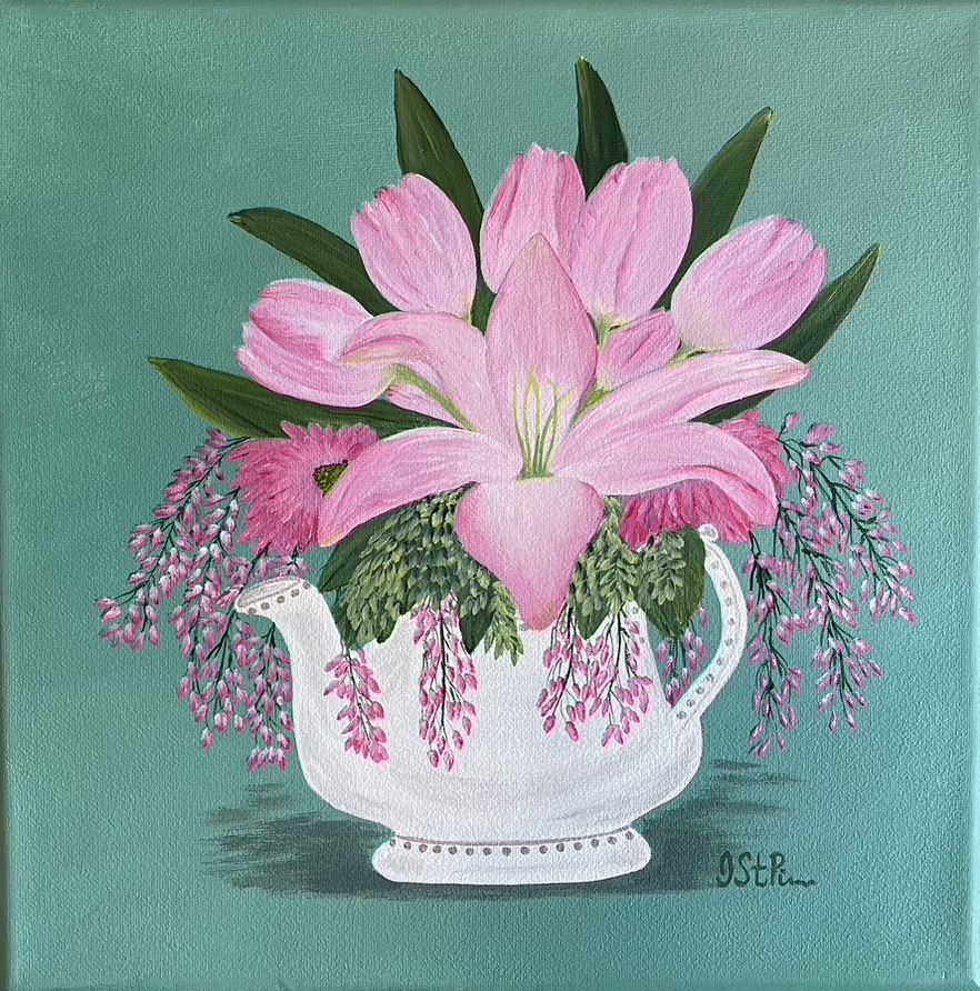 Painting of pink flowers in a tea pot vase with green background