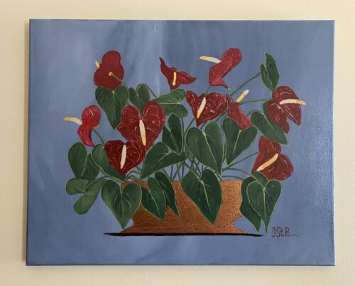 Painting of Anthurium plant in copper pot