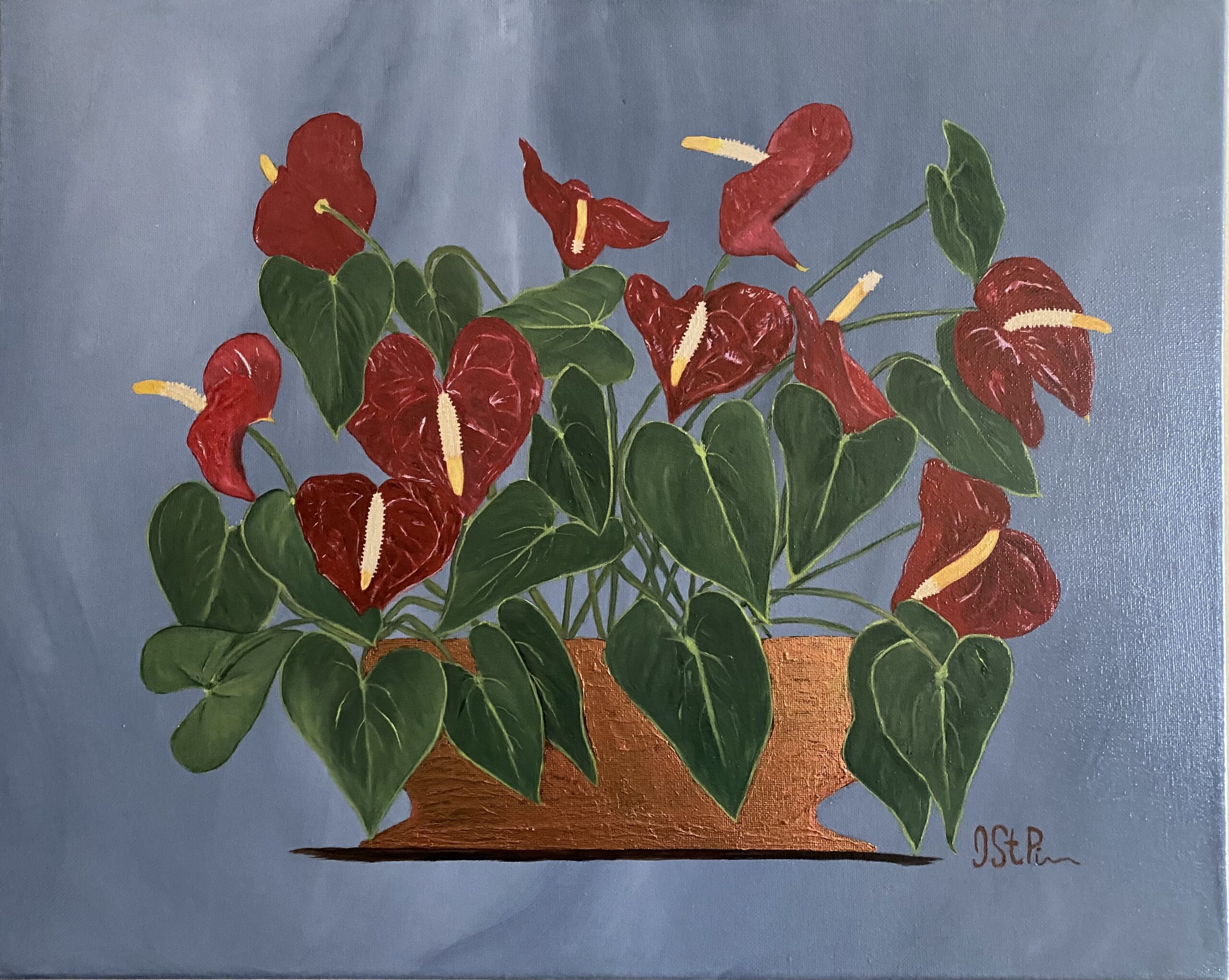 Painting of Anthurium plant in copper pot