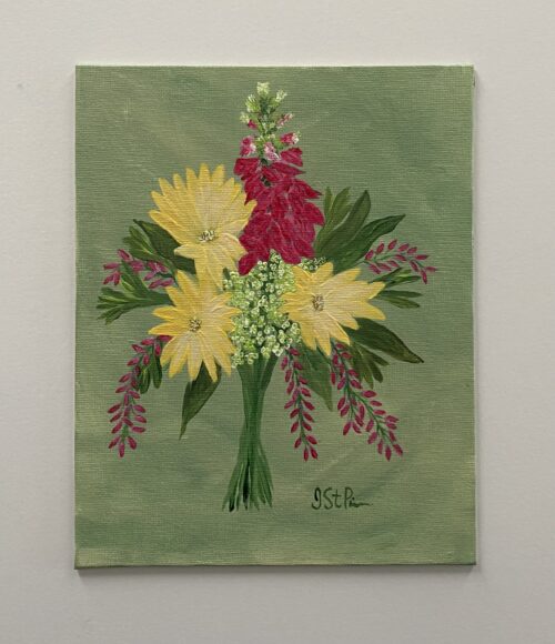 Yellow and pink flower bouquet on green background