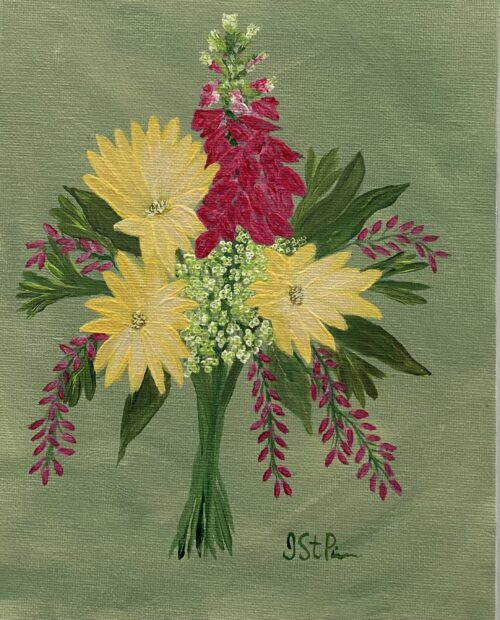 Yellow and pink flower bouquet on a green background