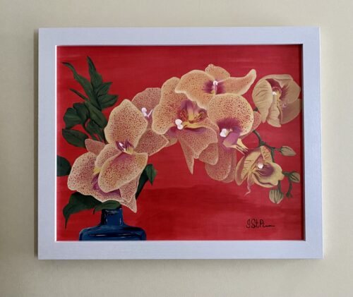 Painting of a yellow orchid on a dark orange background