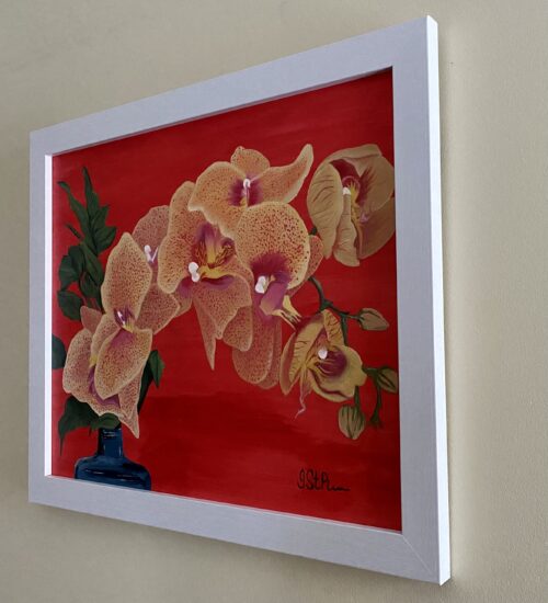 Painting of a yellow orchid on a dark orange background