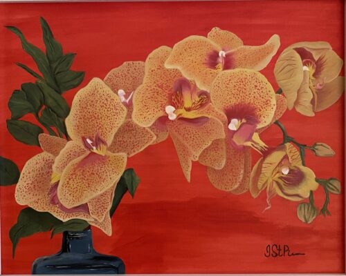 Painting of a yellow orchid on a dark orange background