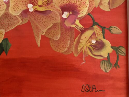 Painting of a yellow orchid on a dark orange background