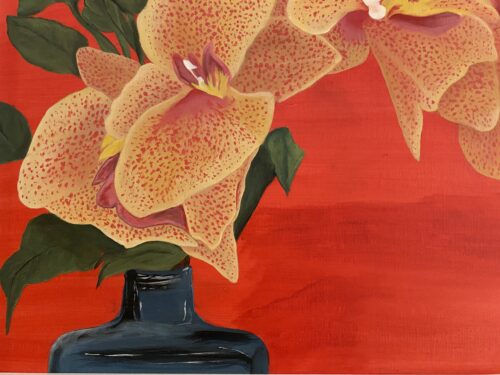 Painting of a yellow orchid on a dark orange background