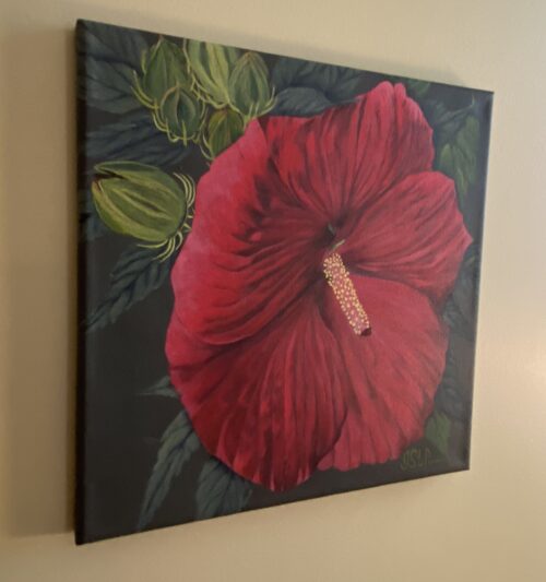 Painting of a red hibiscus flower along with new blooms