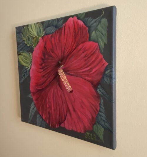 Painting of a red hibiscus flower along with new blooms