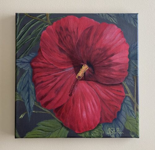 Painting of a red hibiscus flower with a center shadow