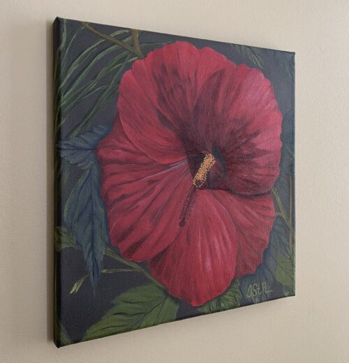 Painting of a red hibiscus flower with a center shadow