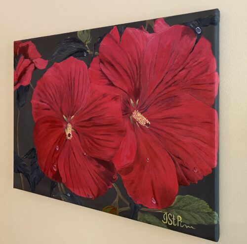 Painting of 2 red hibiscus flowers with water droplets on the petals