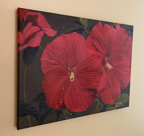 Painting of 2 red hibiscus flowers with water droplets on the petals