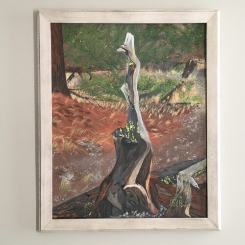 Painting of an old broken tree fallen into a curious animal statue shape