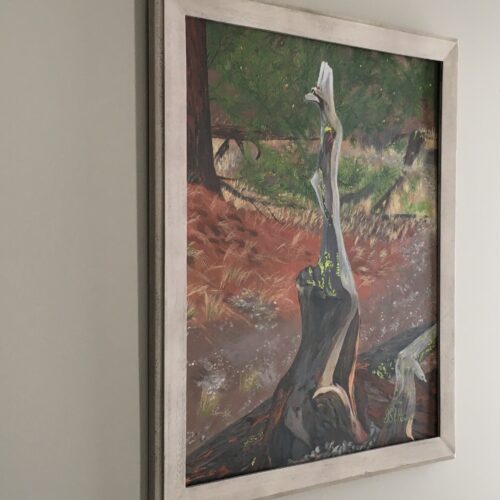 Painting of an old broken tree fallen into a curious animal statue shape