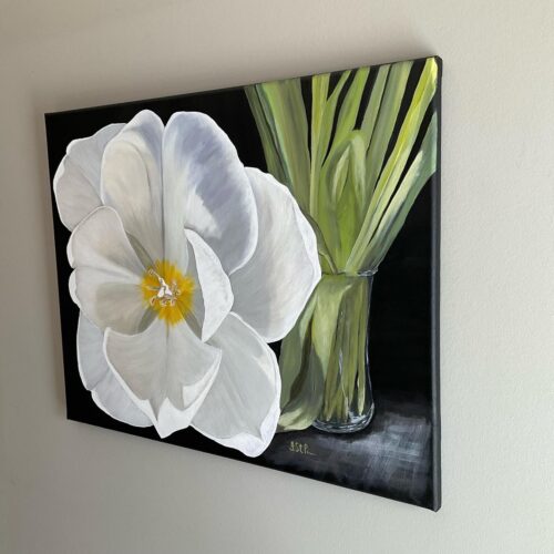 A painting of a large open white tulip reaching out from a glass vase