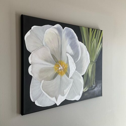 A painting of a large open white tulip reaching out from a glass vase