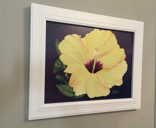 A painting of a bright yellow Hibiscus flower