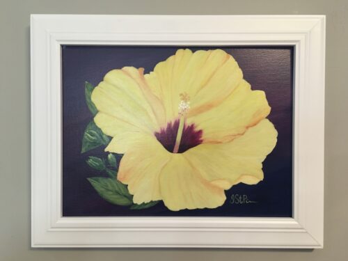 A painting of a bright yellow Hibiscus flower