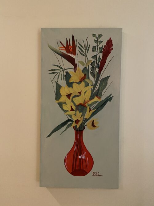 A painting of yellow and red flowers standing in a red glass vase