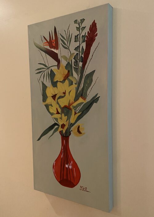 A painting of yellow and red flowers standing in a red glass vase