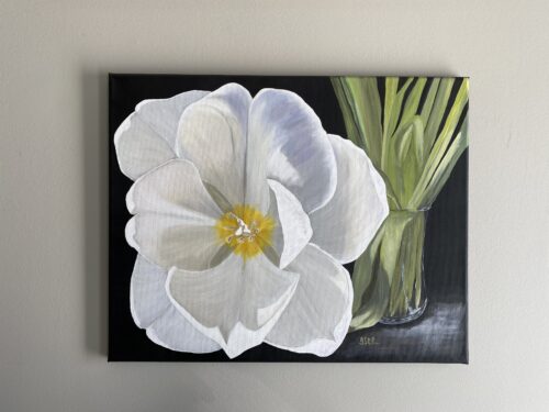 A painting of a large open white tulip reaching out from a glass vase