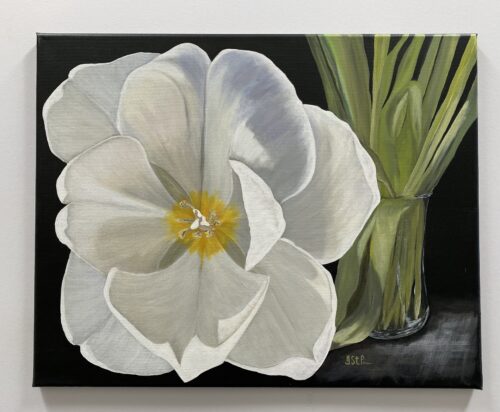 A painting of a large open white tulip reaching out from a glass vase