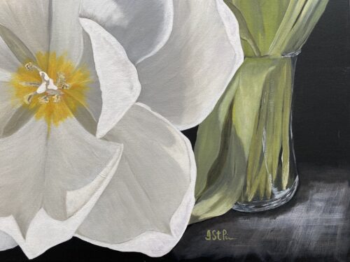 A painting of a large open white tulip reaching out from a glass vase