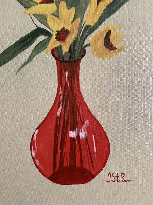 A painting of yellow and red flowers standing in a red glass vase