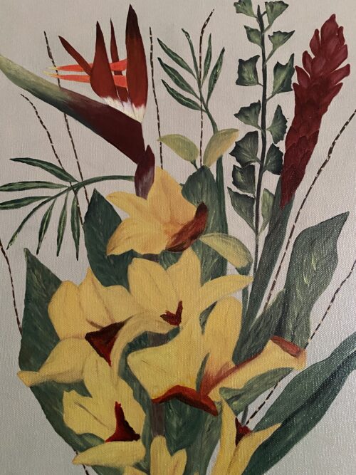 A painting of yellow and red flowers standing in a red glass vase