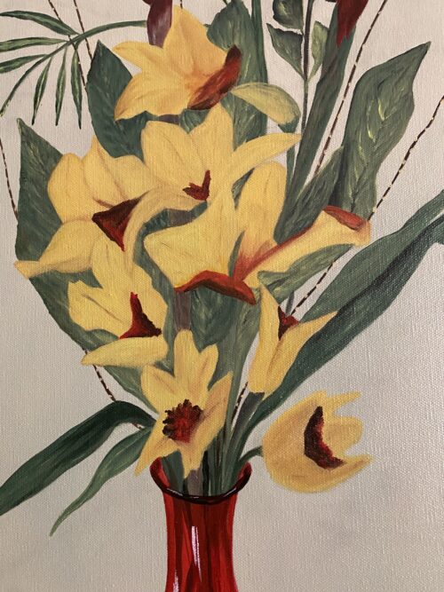 A painting of yellow and red flowers standing in a red glass vase