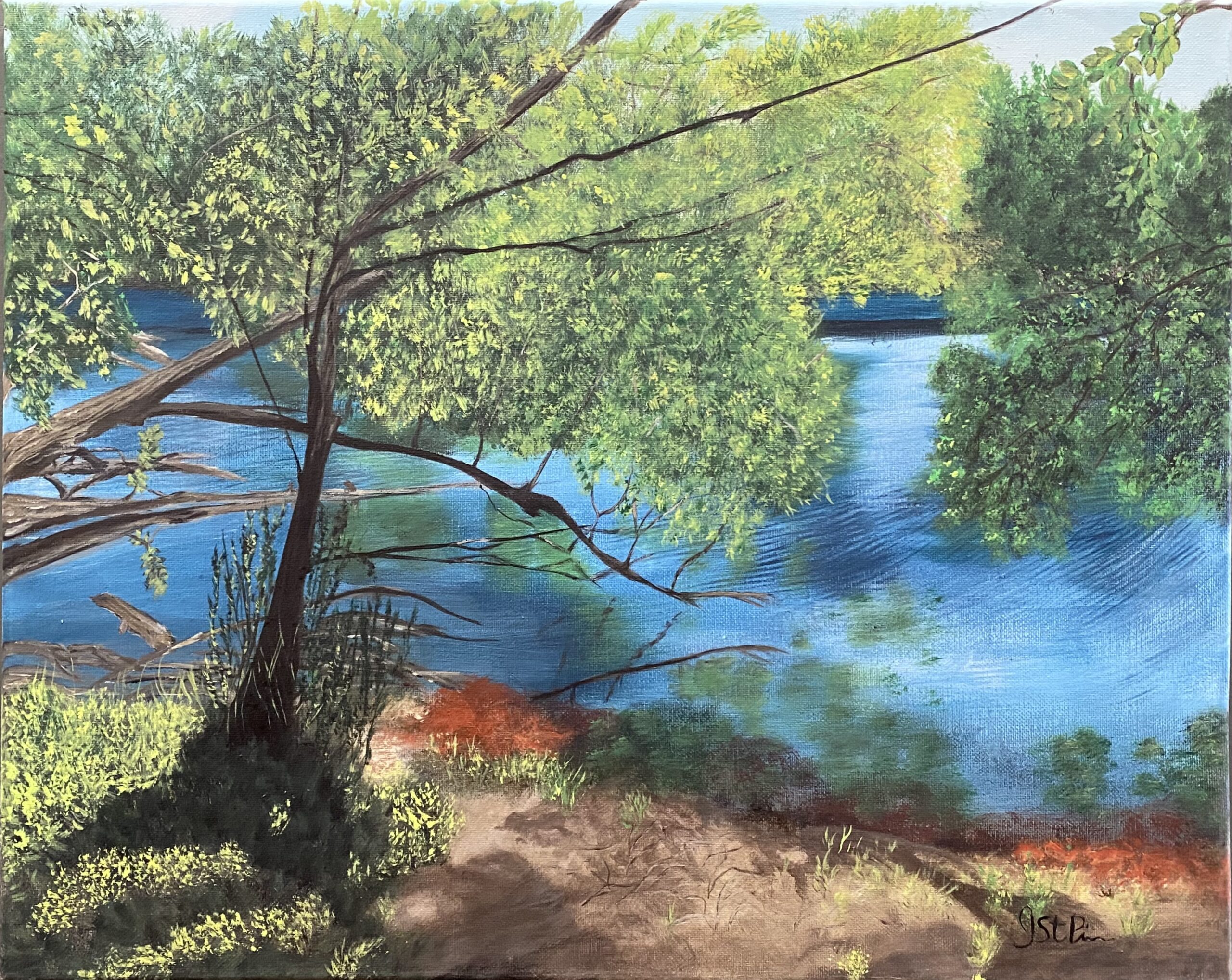 A very bright painting of a pond and trees on the edge