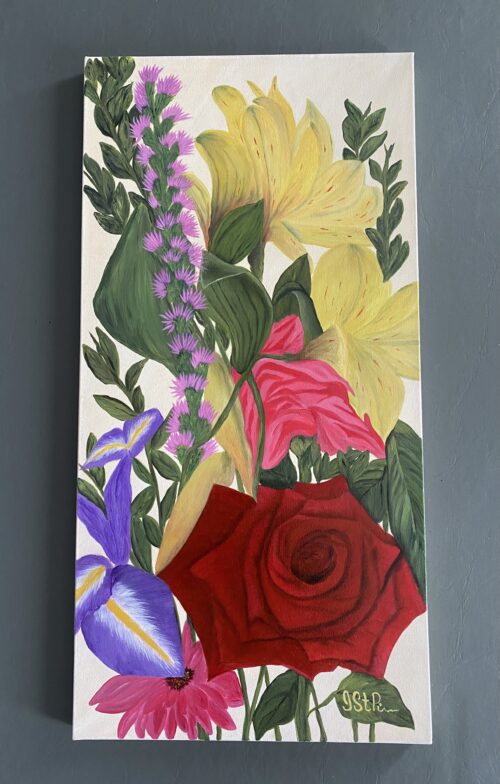 A bright painting of mixed flowers