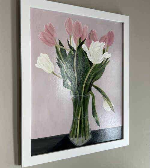 A painting of pink and white tulips in a clear vase