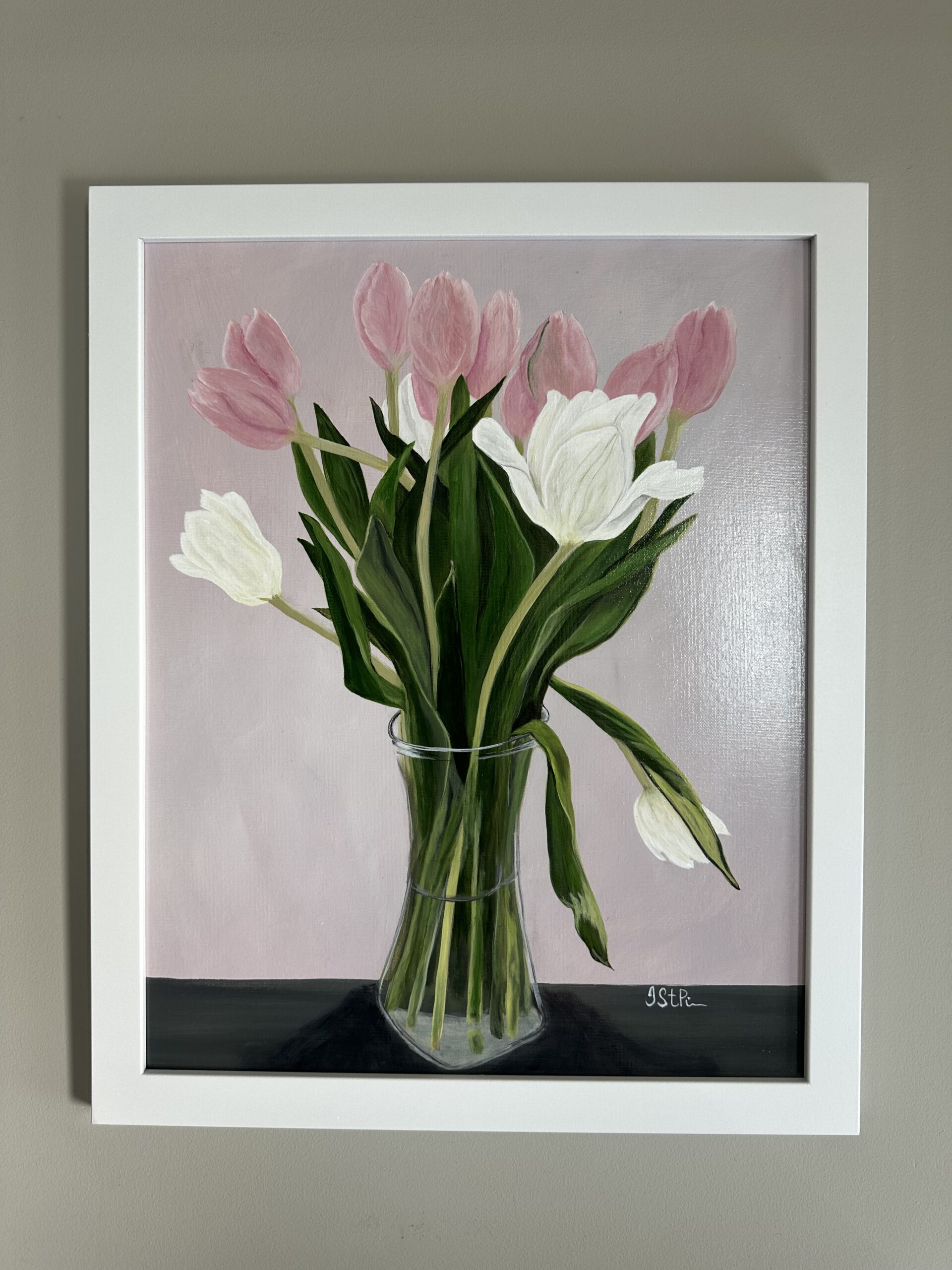 A painting of pink and white tulips in a clear vase