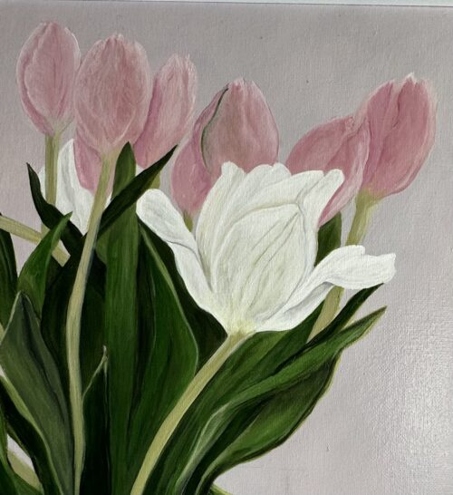 A painting of pink and white tulips in a clear vase