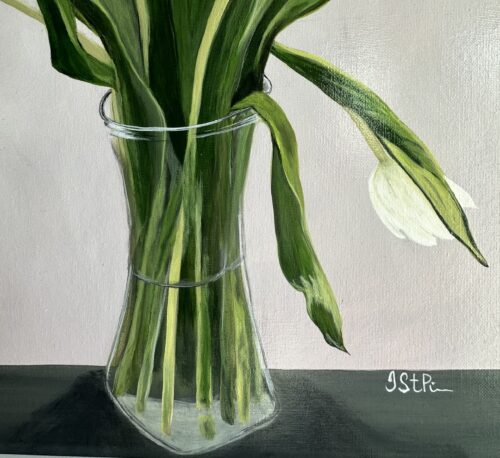 A painting of pink and white tulips in a clear vase