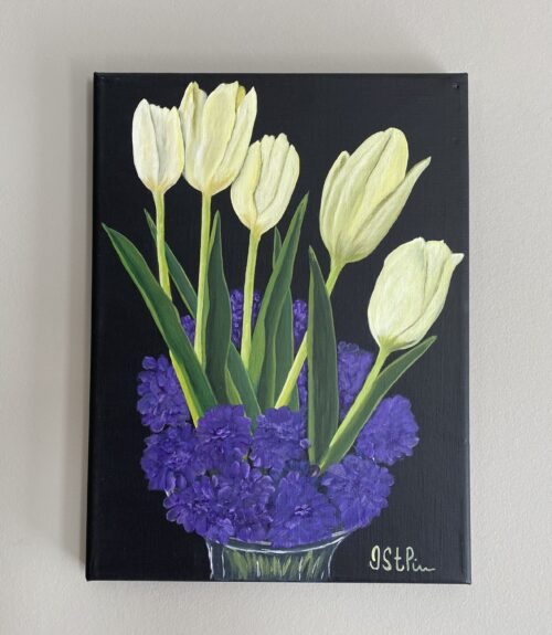 A painting of white tulips set into a glass vase of purple blooms