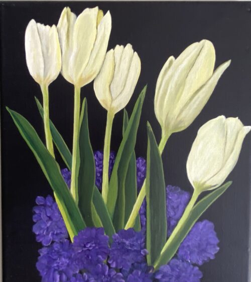 A painting of white tulips set into a glass vase of purple blooms